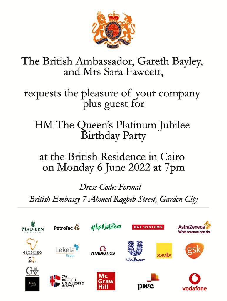 An opportunity to celebrate the #PlatinumJubilee one last time here in Cairo tonight with <a href="/GarethBayleyUK/">Gareth Bayley</a> at <a href="/UKinEgypt/">UK in Egypt</a> and catch up with many friends:
<a href="/BishopMouneer/">Archbishop Mouneer Anis</a> and Archbishop Sammy, <a href="/CREID_Dev/">CREID_Dev</a>’s Mariz Tadros and <a href="/StMarkUniversal/">St. Mark Universal Care</a>’s Naser Fouad, @TSAReilly, and so many more.
