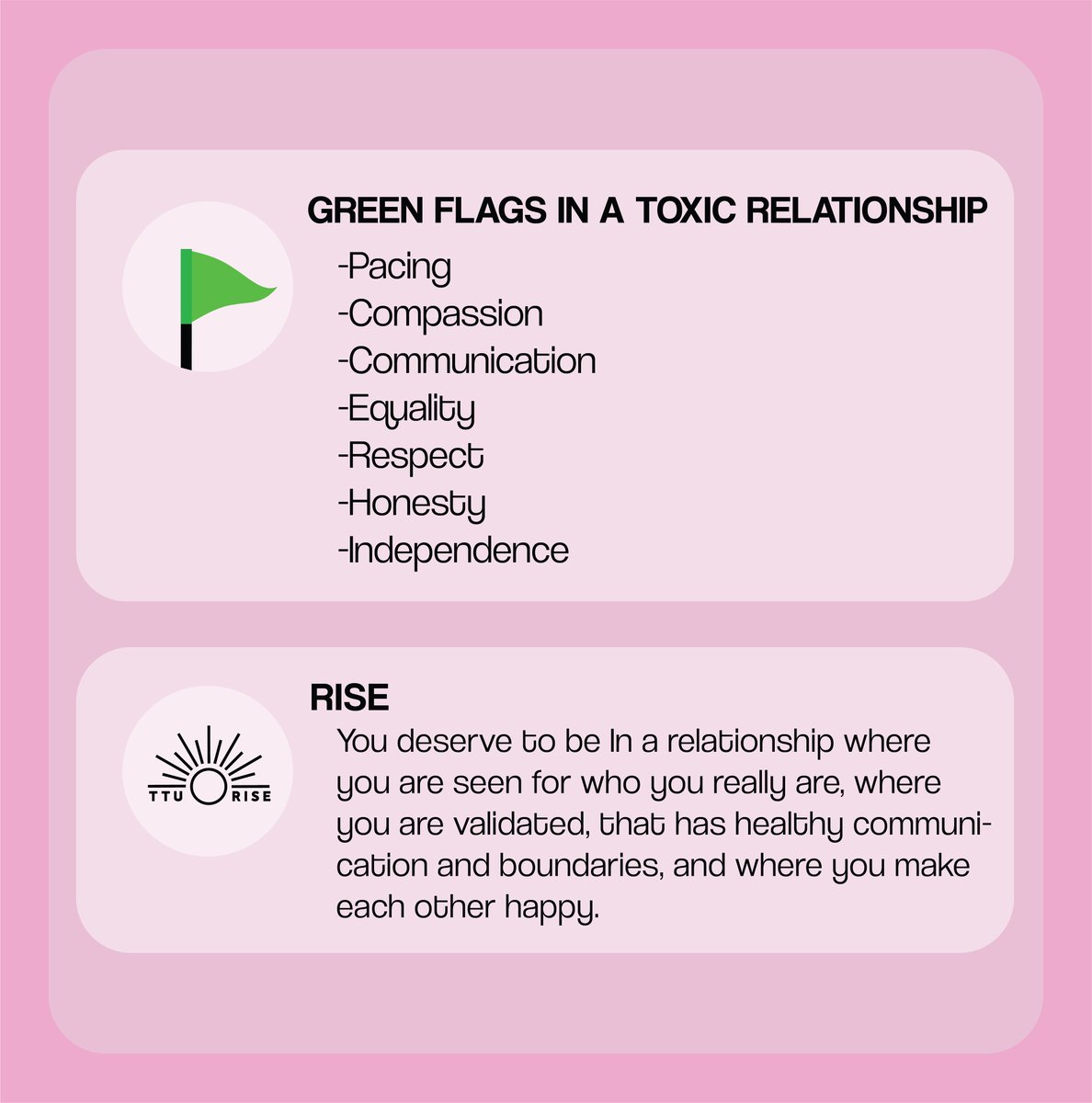 TTURISE's tweet photo. Know the signs of a toxic relationship and what to do if put in the situation. Learn more about healthy relationships by visiting the "RISE Topics" section of our website. https://t.co/Z4hOxLnNDC #tturise #healthyrelationships https://t.co/N2ae0rpzlg