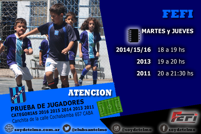 clubsantelmo's tweet photo. 🏆 FEFI 👉 Prueba de Jugadores
🗓️ Martes y jueves 
👉 Categorías 
✅ 2014/15/16 18 a 19 hs
✅ 2013 19 a 20 hs
✅ 2011 20 a 21:30 hs
🏟️ Canchita Calle Cochabamba 657 CABA
🌐 https://t.co/C1lyliCaa0 https://t.co/yfnvzj2gwS