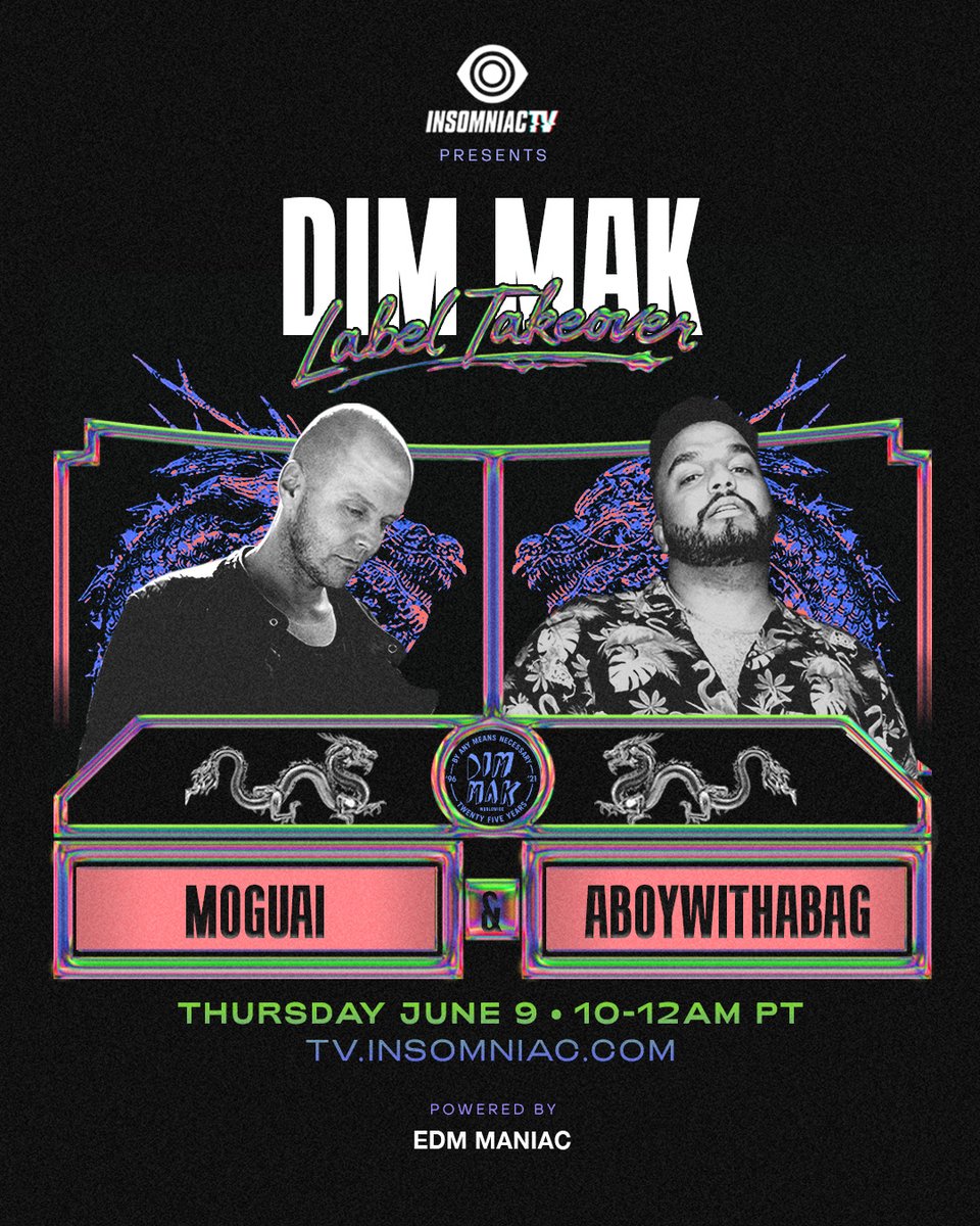 We're getting down with @dimmak over on #InsomniacTV next Thursday, June 9th from 10pm-12am PT!⚡️ Don't miss this EPIC label takeover featuring the sounds of @moguai & @aboywithabag + powered by our friends at @EDMManiac.🔋