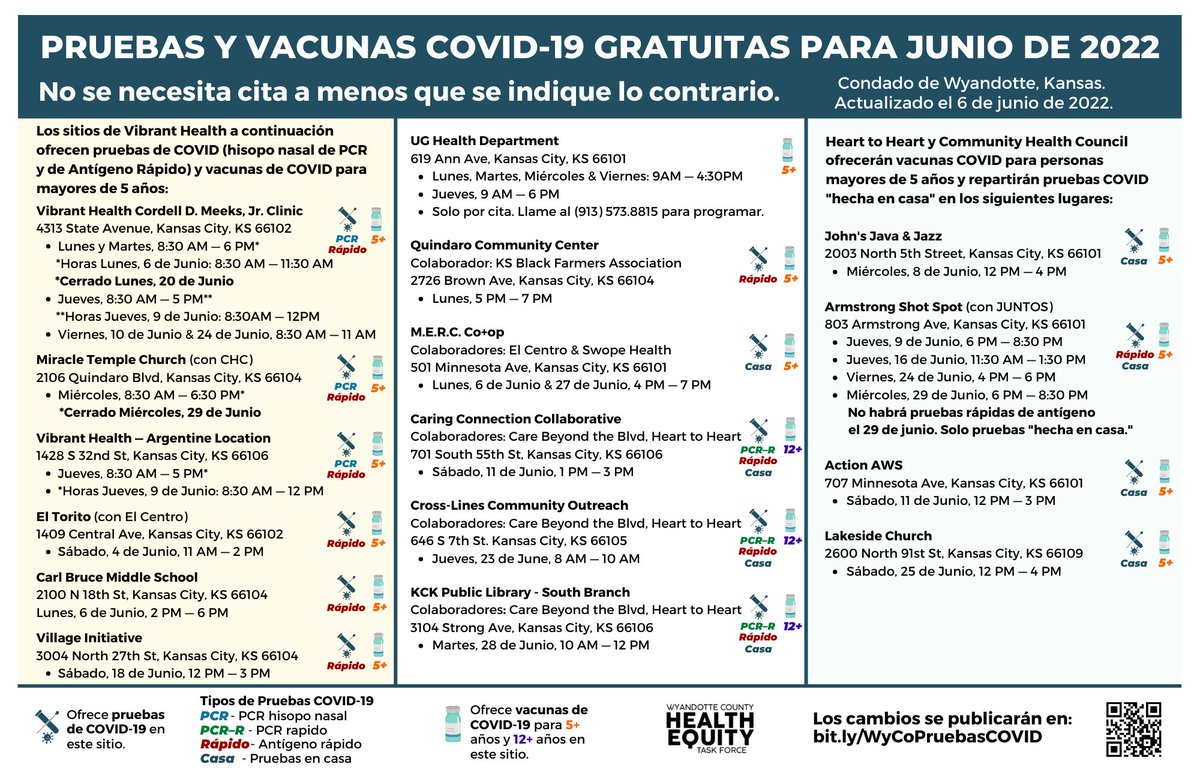 WYCOHealthDept's tweet photo. Plan ahead! Check out these events and locations that offer COVID Tests and Vaccines near you.
For more details visit https://t.co/DLmsYiLoPr
https://t.co/U75GRg2zt5
#DOTTE #WYCO #KCK
#HETF https://t.co/bdaKwaoPXW