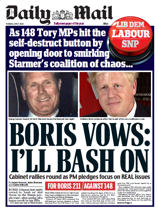 BBCNews's tweet photo. Tuesday’s Daily Mail: “Boris vows: I’ll bash on” #BBCPapers #TomorrowsPapersToday https://t.co/7FuHsAa3Vz https://t.co/afRdnoDT0k