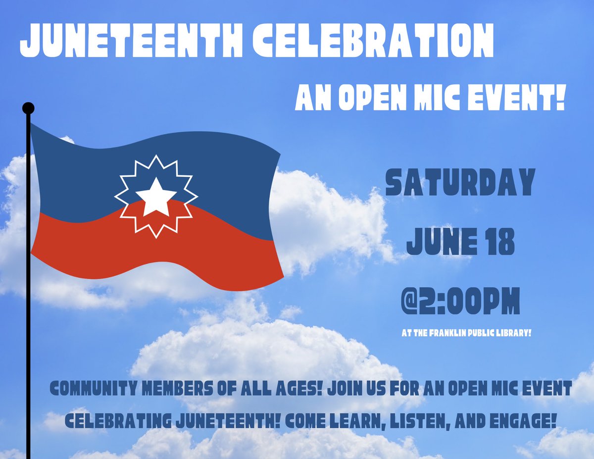 Join DAC in celebrating Juneteenth at the Franklin Public Library <a href="/FrkPublicLib/">Franklin Library</a>!
