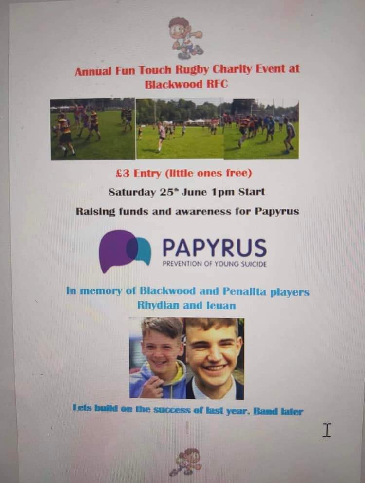 💙💛This Annual event will be at <a href="/BlackwoodRugby/">Blackwood RFC</a> again this year 
25th June 1pm 
In memory of Rhydian and Ieuan, raising awareness and funds for the PAPYRUS CHARITY 👏. A great cause and great day planned. 
The club will be providing 2 Youth teams and our famous Troop side 💙💛💙