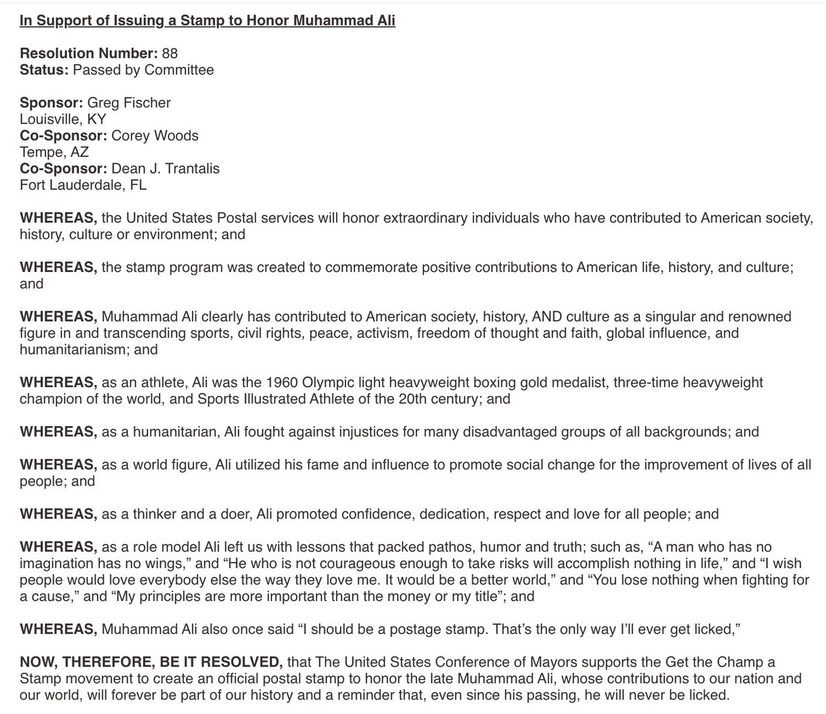 Just in from the U.S. Conference of Mayors:

A resolution has passed in support of #GetTheChampAStamp! 

Share the Ali photo you think should be on USPS Stamp ⤵️