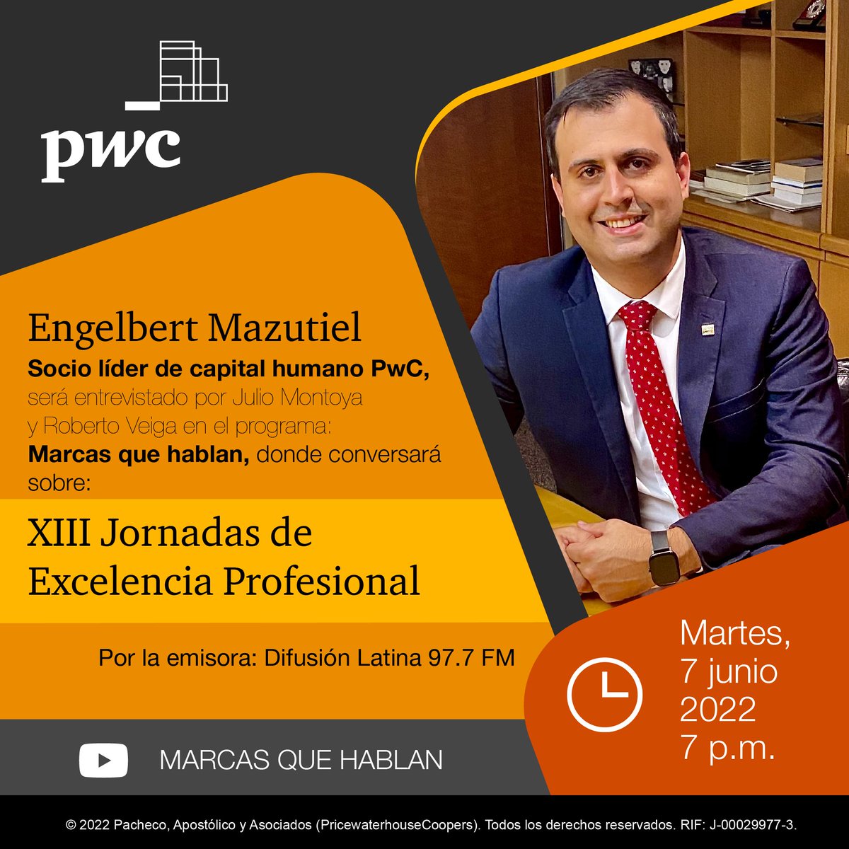 PwC_Venezuela's tweet photo. @marcasquehablan a las 7:00 p.m. por la emisora Difusión Latina 97.7 F.M., y https://t.co/HggE7SLjd2

Donde conversará sobre: "XIII Jornadas de Excelencia Profesional"

#upskilling https://t.co/j5OXkOKdgo