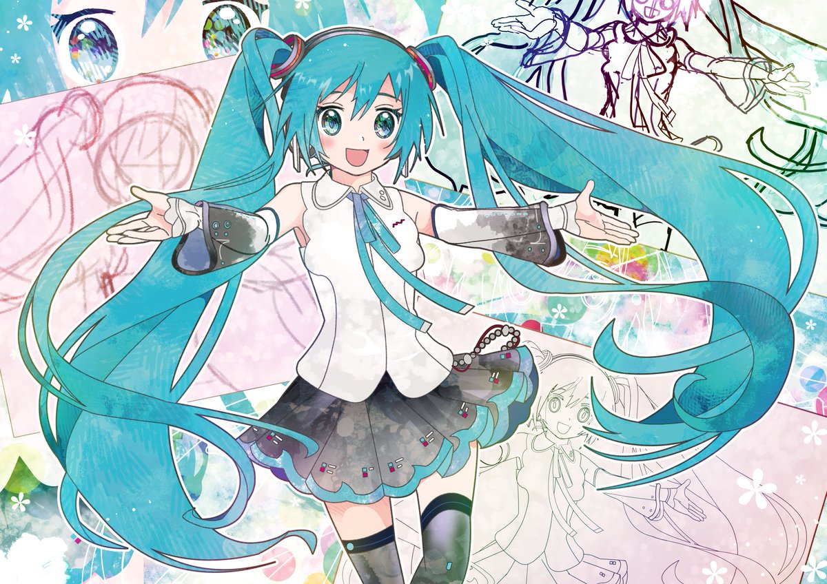 hatsune miku skirt detached sleeves 1girl long hair shirt twintails thighhighs  illustration images