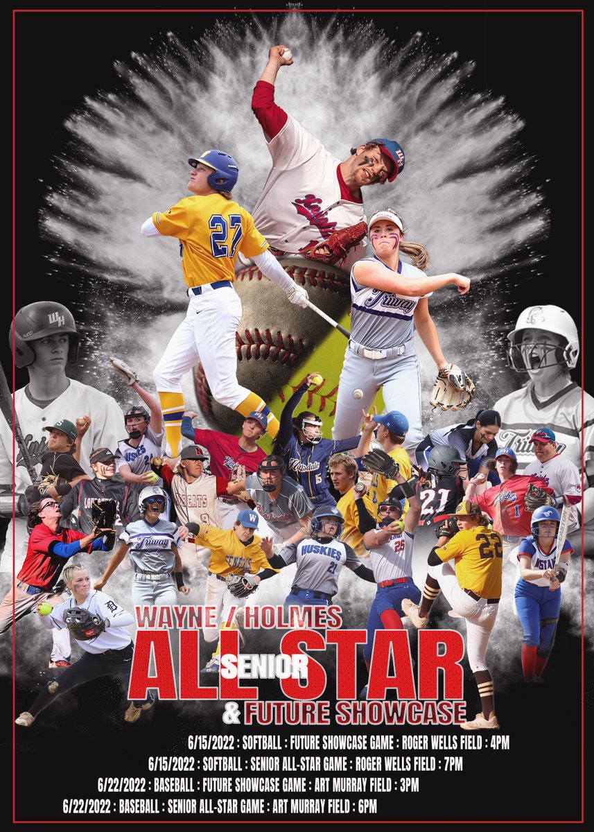 The Wayne-Holmes Senior All-Star Game and the Future's Showcase has softball on Wednesday, June 15th and baseball on Wednesday, June 22nd. All players, please report about an hour before your game time and congrats to each of you on a great season!
Design Cred: Justin Smith #TDR
