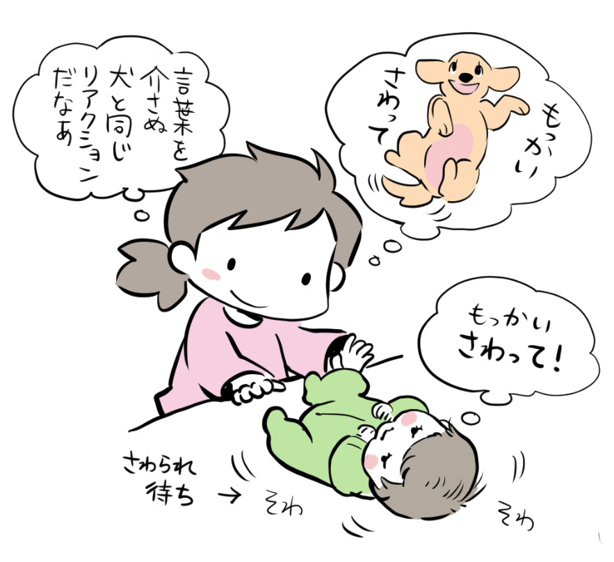 犬も全身をサワサワされるのが好きで、赤子もサワサワ好き。ものをしゃべりませんが待機中の期待をふりまく空気感や目線が全く一緒。ドギーへのスキンシップ&マッサージスキルは赤ちゃんとのコミュニケーションに大変役立ちます。
あと子犬が眠い時の動きと赤子の眠い時も似てる。同じ哺乳類を実感。