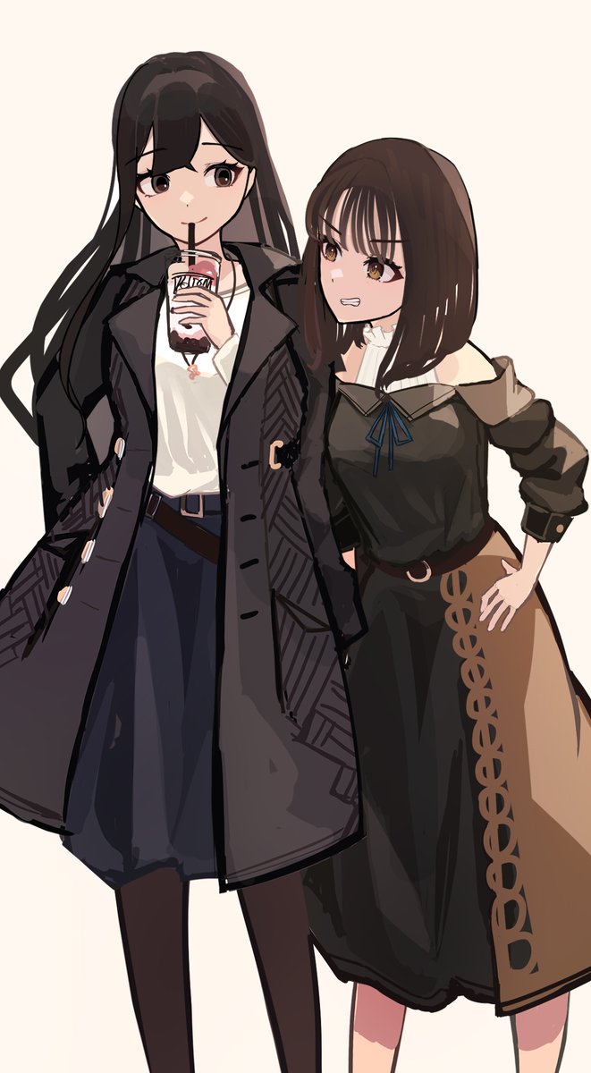 multiple girls 2girls long hair skirt black hair belt coat  illustration images