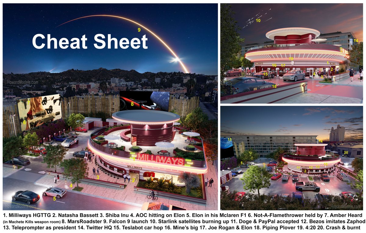 Tesla Diner, Drive-in theater and Supercharger station final renderings. 20 Easter eggs to be found - if you know Elon's world. To see hi-res images, after clicking an image, right click in bigger image, open in new tab(pc). pic4 is cheat sheet.

#Tesla #SpaceX #boring #ElonMusk