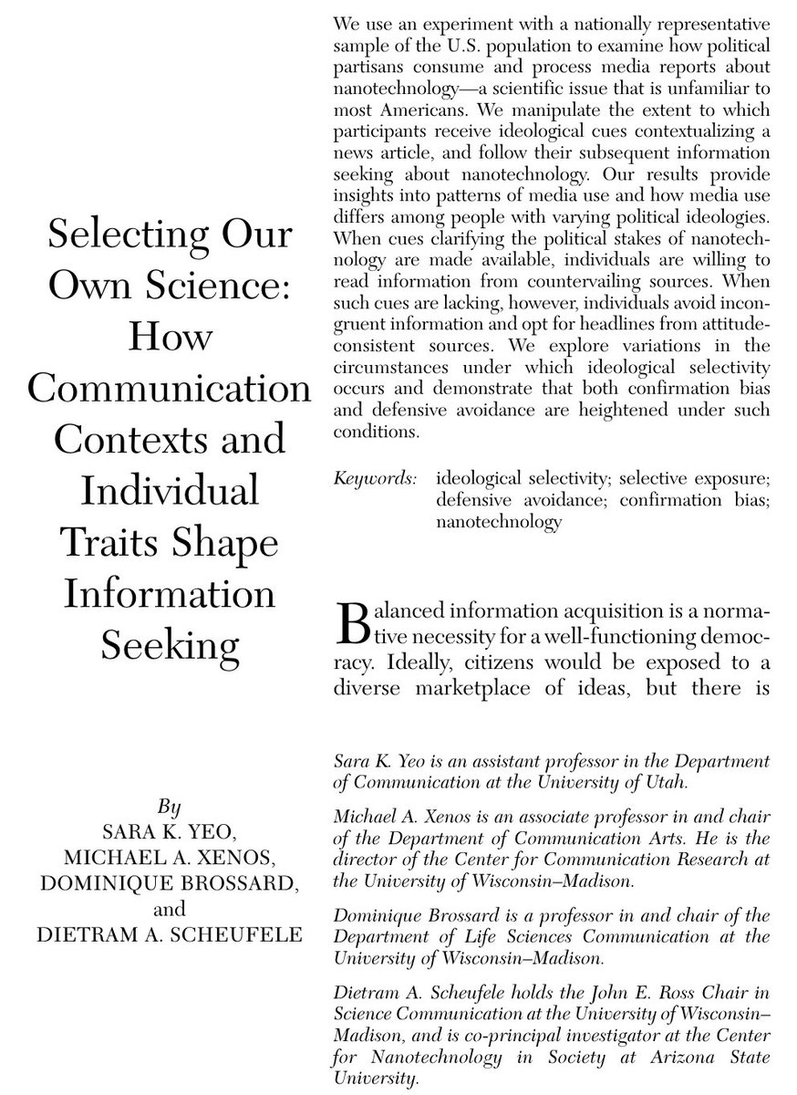 Throwback to my dissertation research on context cues in media. TL;DR: Context cues that clarify value leanings encourage people to seek info based on utility, not identity. #NASEMscicomm