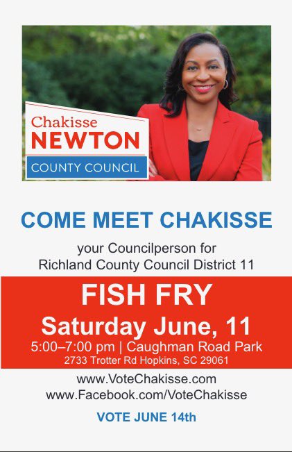 VoteChakisse's tweet photo. What are you doing on Saturday? Please come out to my meet and Greet and Fish Fry at Caughman Road Park from 5:00 -7:00. Hope to see you there. https://t.co/lrnkZ74PJJ