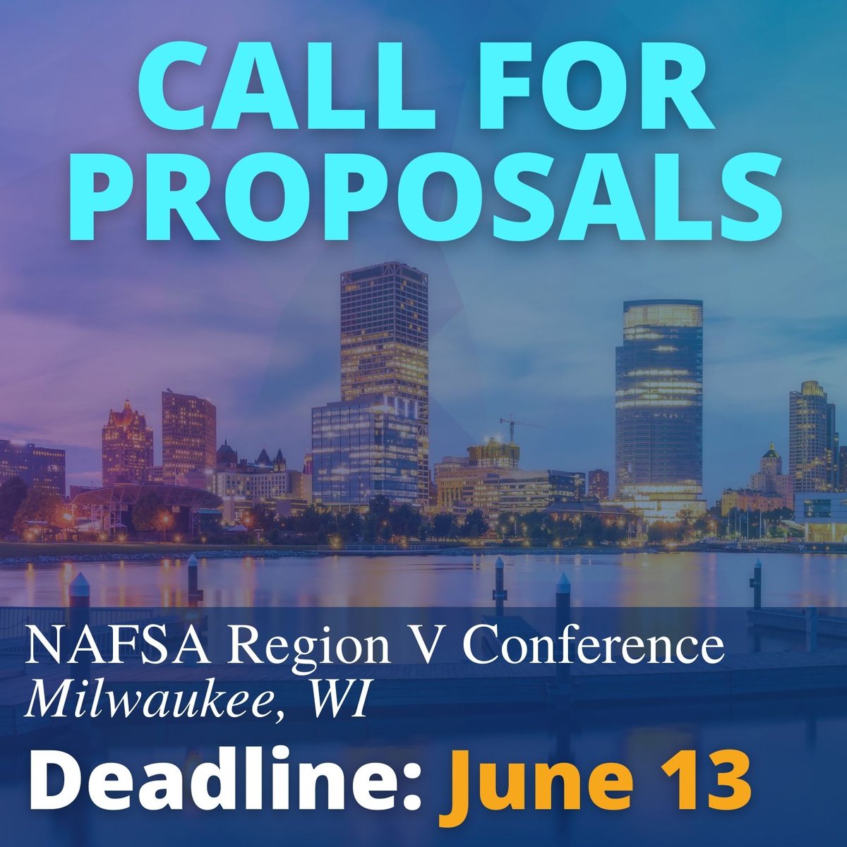 *** Call for proposals is now open! ***
NAFSA Region V Conference
Submit a proposal by the deadline: Monday, June 13, 2022
nafsa.org/conferences/20…

Save the date! 
NAFSA Region V Conference
October 19 - 21, 2022
Milwaukee, WI