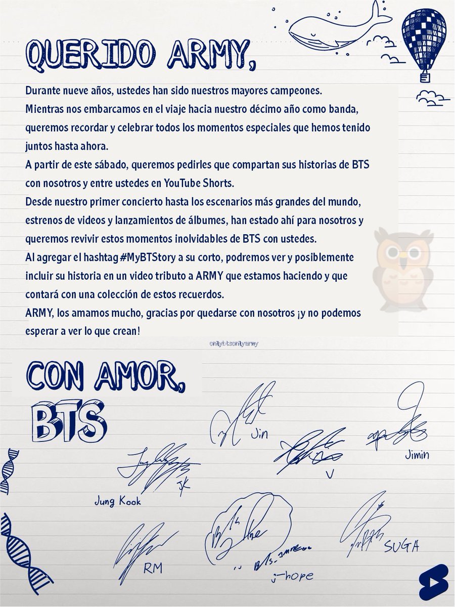 onlybtsonlyarmy's tweet photo. @YouTube 📍[TRAD]

querido ARMY: @bts_bighit escribió una carta especial solo para ustedes y no pueden esperar a ver qué recuerdos de #BTS compartirán en Shorts #MyBTStory https://t.co/SDFZkbEXYX