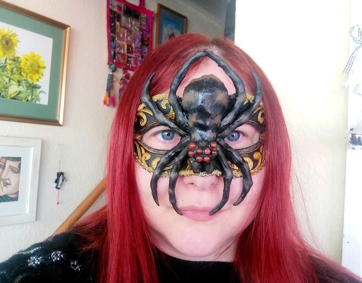 Raven_elf's tweet photo. Managed to get 2 of my masks for LARP festivals finished. 1 lion and 1 spider one. Mostly made of cardboard, green stuff, white putty, tile adhesive paint n ribbons 😁 #Masquerade #mask #lion #spider #Varushka #League #EmpireLARP #EmpireLRP https://t.co/W82XpiiGoL