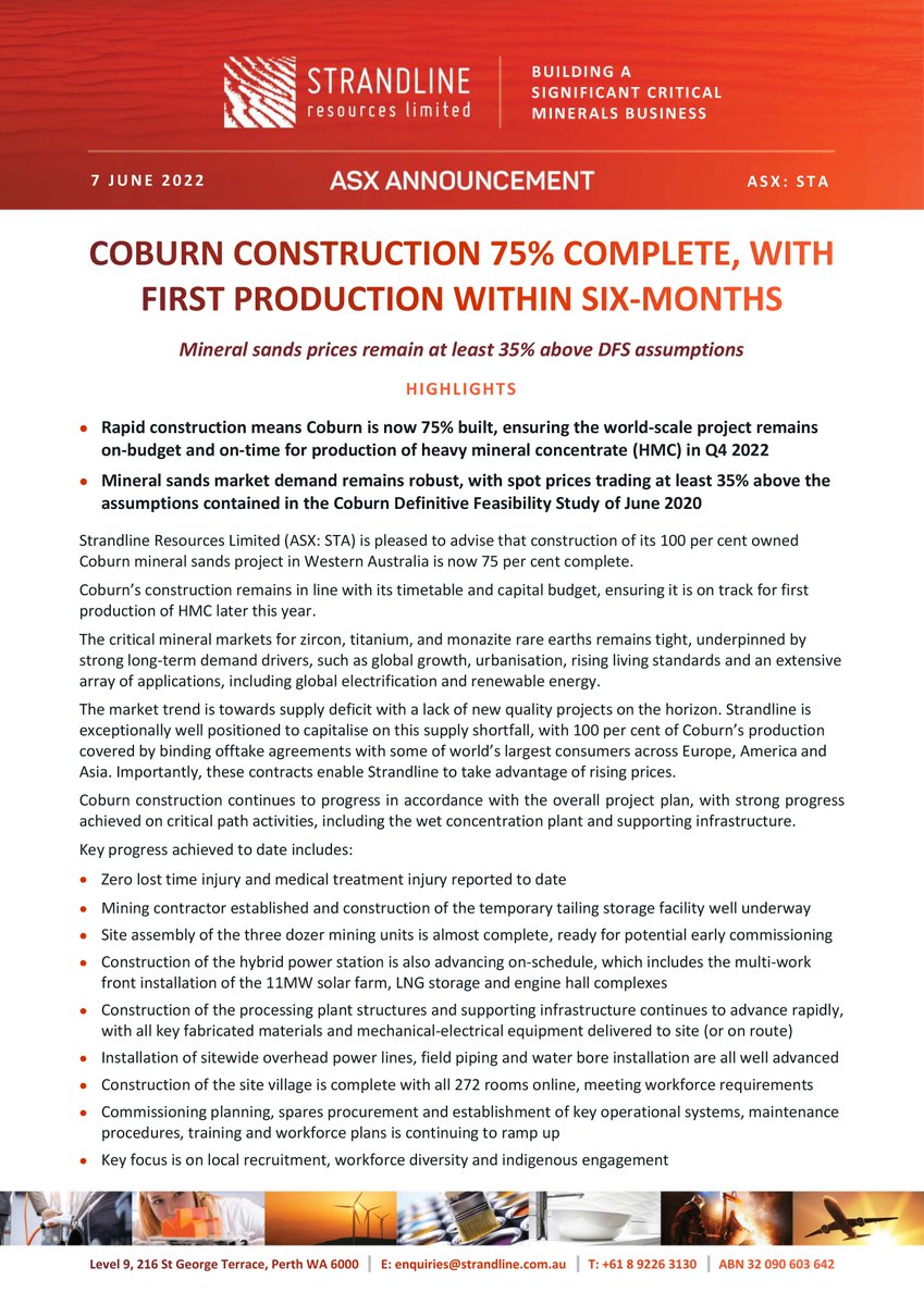 Strandline10's tweet photo. Coburn Construction 75% complete with first production within 6-months.
#coburn #mineralsands #strandline #miningWA #mininng #resources #asxnews #construction
https://t.co/mUW8D4JzyJ https://t.co/RXtQVMZ1vM