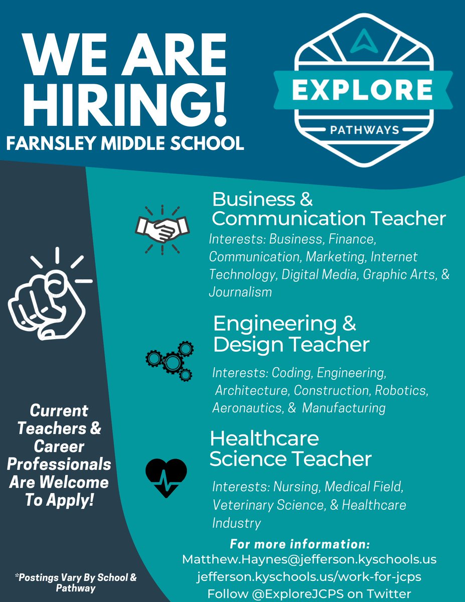 We need great people for our great school! <a href="/farnsleymiddles/">Farnsley MS</a> is hiring for our Explore Pathways program. Check the programs below in need of engaging instructors! Have any questions or know someone? Reach out to me! <a href="/ExploreJCPS/">JCPS Explore Pathways</a> <a href="/ExploreFarnsley/">Farnsley Middle School Explore Pathways</a> @JCPS_MS_EA <a href="/JCPSAsstSuptMS/">Heather Benfield</a> <a href="/JCPSKY/">JCPS</a>