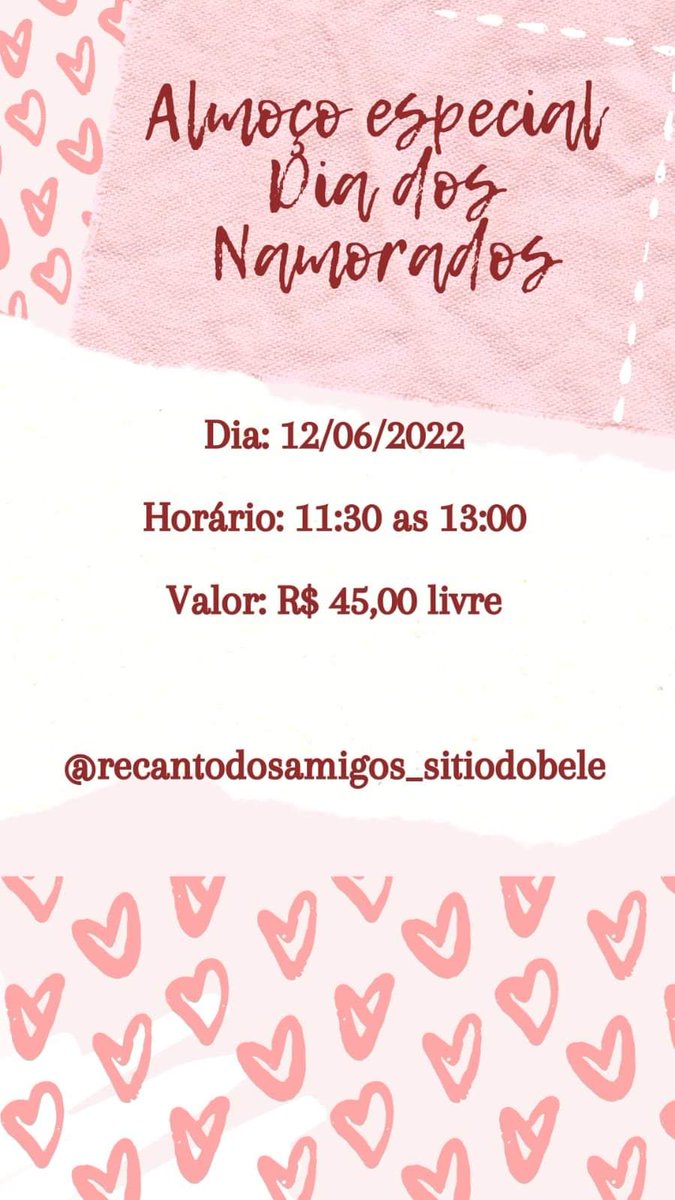 SCNews11's tweet photo. O amor está no ar 🥰, vem chegando o dia dos apaixonados ❤️.

Data: 12/06/2022
Horário: 11:30 às 13:00
Valor: 45,00 livre

Somente com reservas até o dia 10/06/2022
Contatos (47) 9 9956-0016 ❤️ (47) 9 9657-6577 Whats 😘.

#vocêviunascnews @recantodosamigos_sitiodobele https://t.co/7nWcSpBVPL