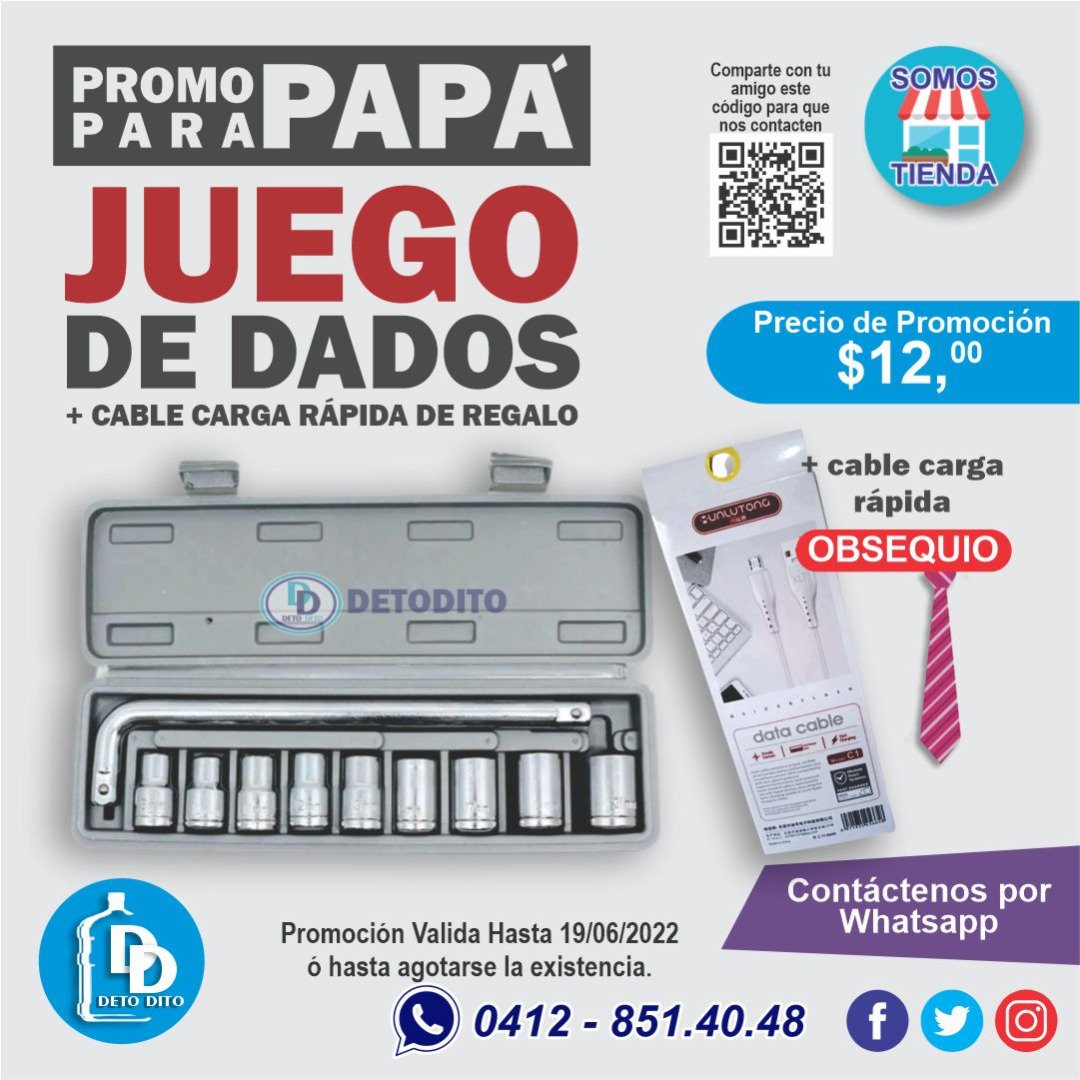 InversionesDet2's tweet photo. Promoción para papá Juego de Dados y de obsequio cable de carga rápida 😎👍👏 Contáctenos 📱#juegodedados #juegosdedados #juegodeherramientas #dadouniversal #juniomesdepapá #mesdepapá #mesdepapa #diadelpadre #díadelpadre #diadepapá #diadepapa #electrodomesticos #electronicos https://t.co/pyq1kDmuSx