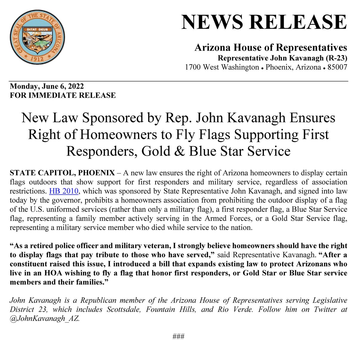 AZHouseGOP's tweet photo. New Law Sponsored by State Rep. @JohnKavanagh_AZ Ensures Right of Homeowners to Fly Flags Supporting First Responders, Gold & Blue Star Service
READ MORE ➡️ https://t.co/ITibYHARwk
#HB2010 @AZHouseGOP #AZLeg https://t.co/ViV3wjPYLV