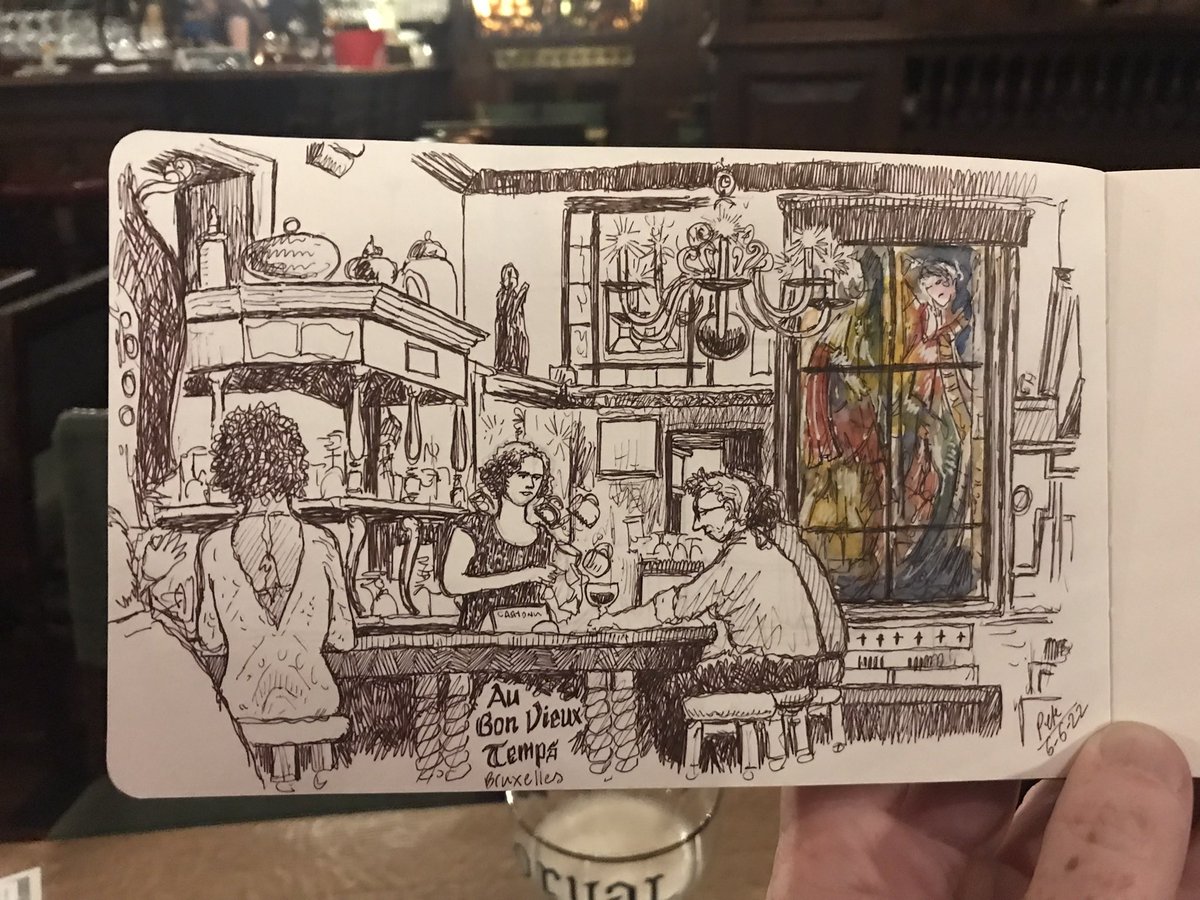 petescully's tweet photo. Afterwards I stopped into Au Bon Vieux Temps (never been there) for an Orval, and it was a very sketchable bar. I’d sketch it again longer, but this was a one-drink drawing before bed. #brussels #barsketch #aubonvieuxtemps #belgium https://t.co/pzRZkGSKgR