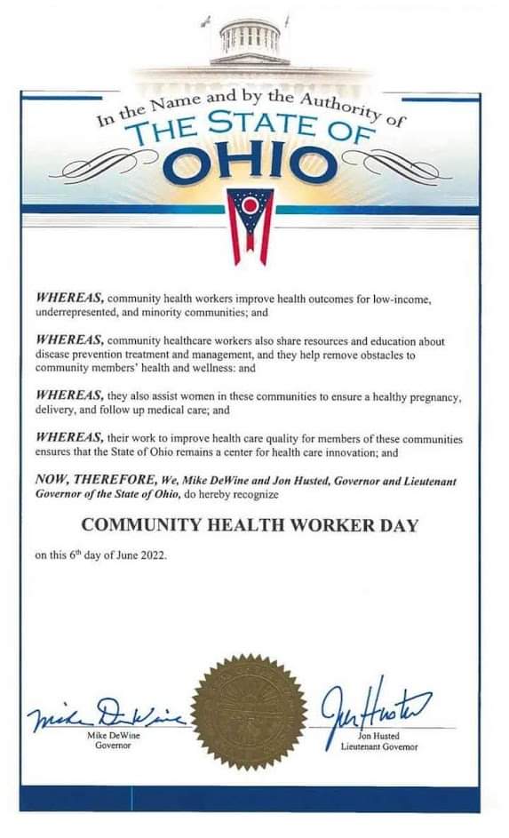 Ohio Governor Mike DeWine & Lt. Governor Jon Husted have declared today June 6 to be Community Health Worker Day in Ohio. The CHW program equips individuals to act as bridge builders & advocates to help others access services needed to live healthier lives.  #CHWDay #OhioState