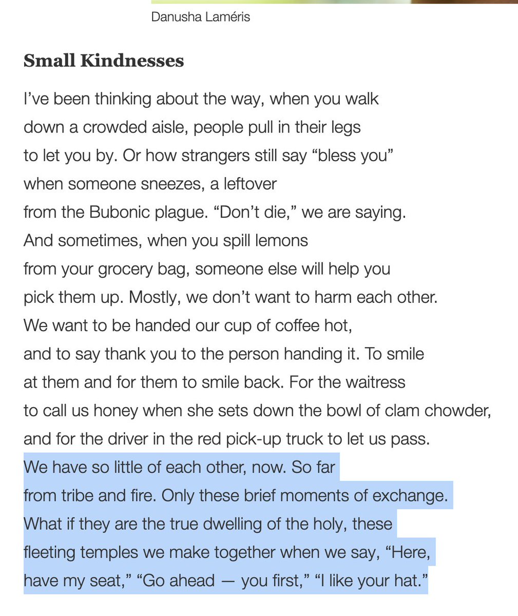 sarahpressman's tweet photo. Just discovered this lovely poem on #smallkindnesses from @DanushaLameris and I can't stop thinking about it. ❤️🥰 Will definitely have my #positivepsychology students read it next year. https://t.co/FeIB1lfGAN https://t.co/DglH3MpDNx