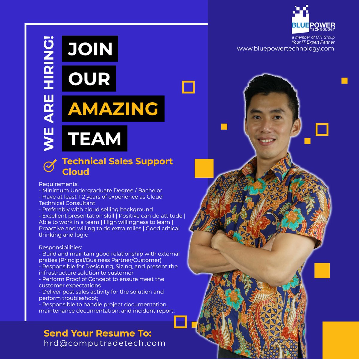 bluepowerid's tweet photo. [JOB VACANCY]
Hai sobat BPT.
Yuk jadi bagian dari keluarga Blue Power Technology dan apply dari lowongan kami yang tersedia. Langsung kirim CV kamu ke
hrd@computradetech.com

#BPT_ID
#YourITExpertPartner
#TogetherBiggerStronger
#lowongankerja #career #jobvacancy https://t.co/265DjVpOV7