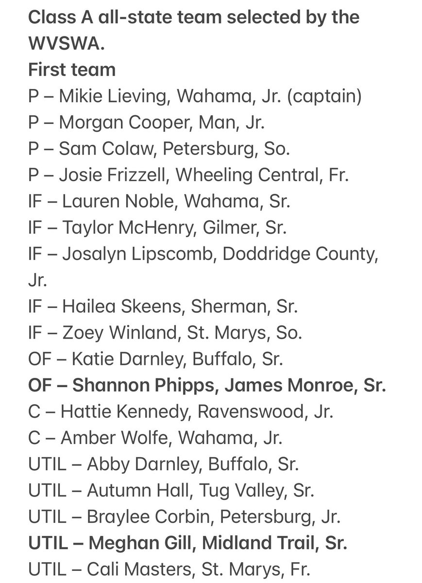 sddsports's tweet photo. Class A all-state softball team selected by the West Virginia Sports Writers Association.
#wvprepsb https://t.co/74jjUvjulX