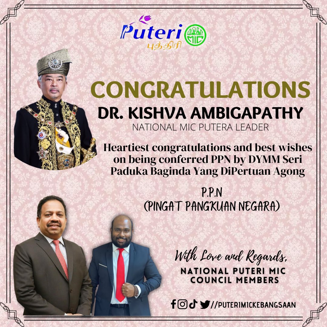 PuteriMic's tweet photo. Congratulations to Ms. Shaliny Rajaram and Dr. Kishva Ambigapathy on being conferred PPN by DYMM Seri Paduka Baginda Yang DiPertuan Agong 🥳🤩 https://t.co/bON2ZpUGkt