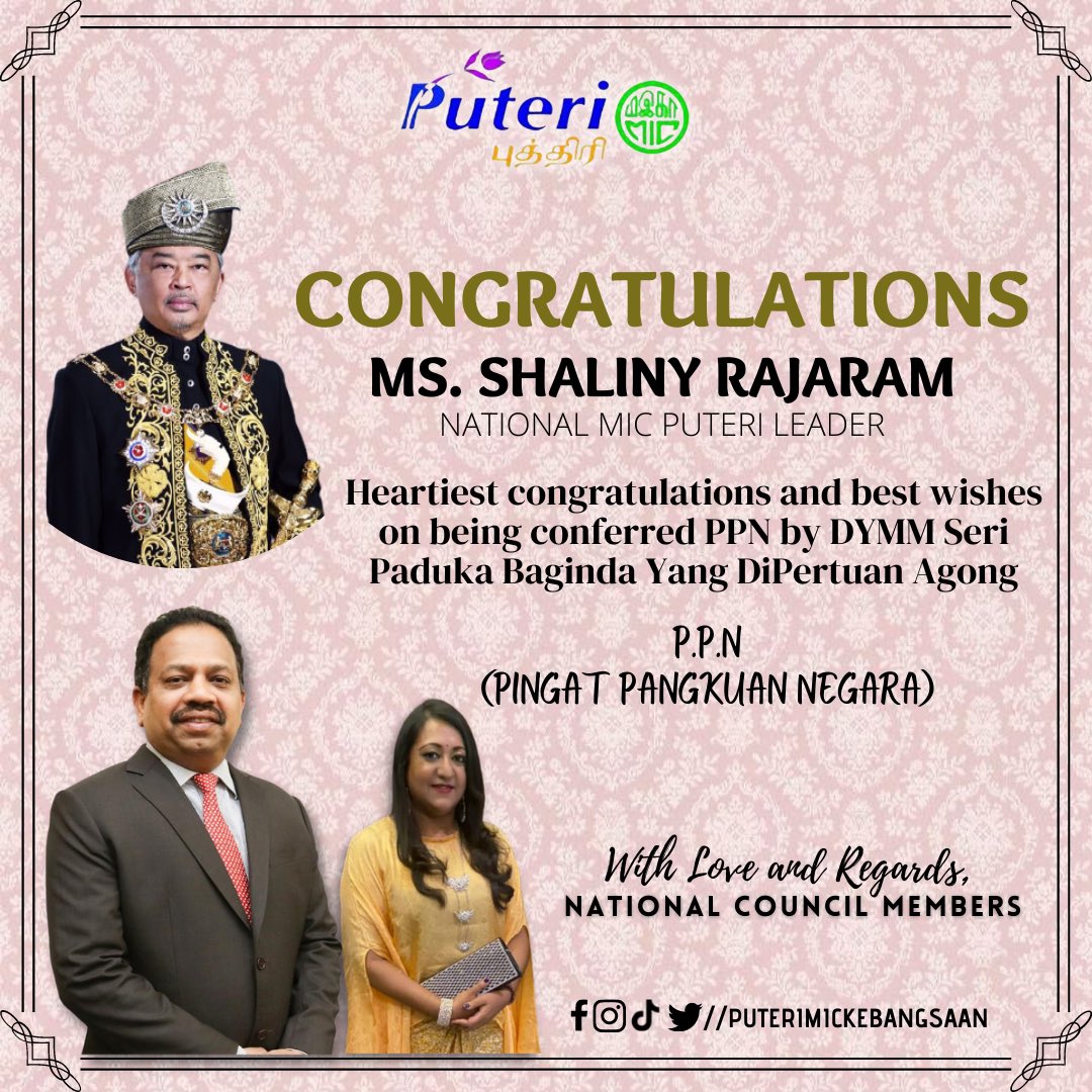 PuteriMic's tweet photo. Congratulations to Ms. Shaliny Rajaram and Dr. Kishva Ambigapathy on being conferred PPN by DYMM Seri Paduka Baginda Yang DiPertuan Agong 🥳🤩 https://t.co/bON2ZpUGkt