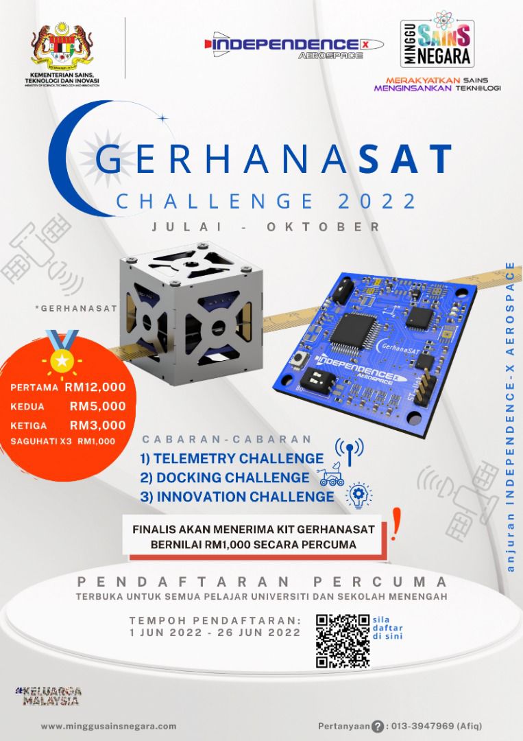 MOSTI bersama Independence-X Aerospace akan mengadakan pertandingan GerhanaSAT Challenge 2022 yang dibuka kepada semua pelajar universiti dan sekolah menengah seluruh Malaysia.

Untuk pendaftaran dan maklumat lanjut, sila layari independence-x.com/gerhanasat-cha… 

#mosti #MSN2022
