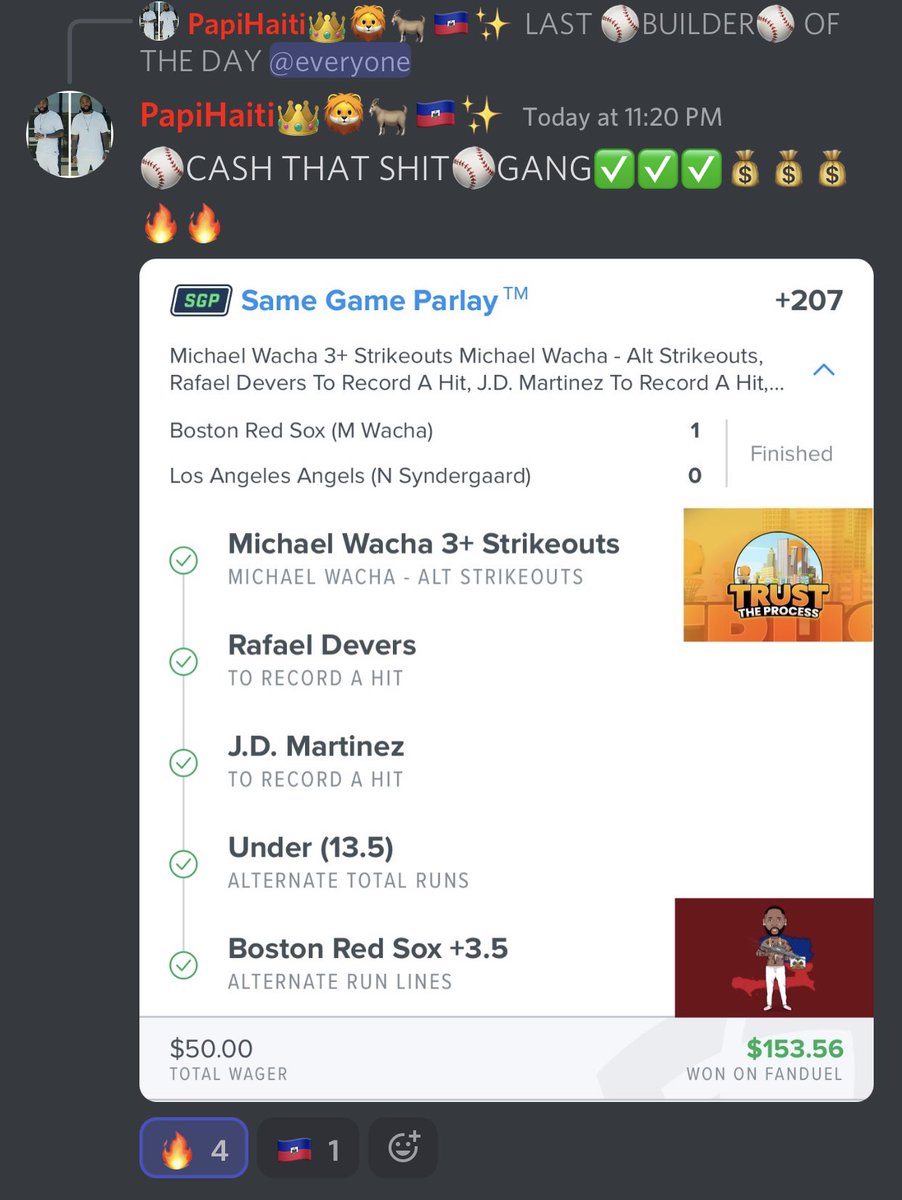 TheFundFlippers's tweet photo. ANOTHER CASH IN THE DISCORD⚾️💰 bankroll builder; $50 into $153 😮💨 Play by @RealPapiHaiti 🔥 #bankrollbuilder #bettingtwitter #RedSox #Laangels #MLBPicks #mlb #baseballcapper https://t.co/5mrC5AlCW4