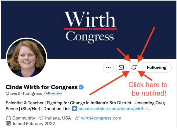 cwirth4congress's tweet photo. Make sure you are notified when it drops! 💪🏻

#BlueWave2022 #CindeWirth #IN06 #FlipTheSixth https://t.co/QNyDNt2TNi