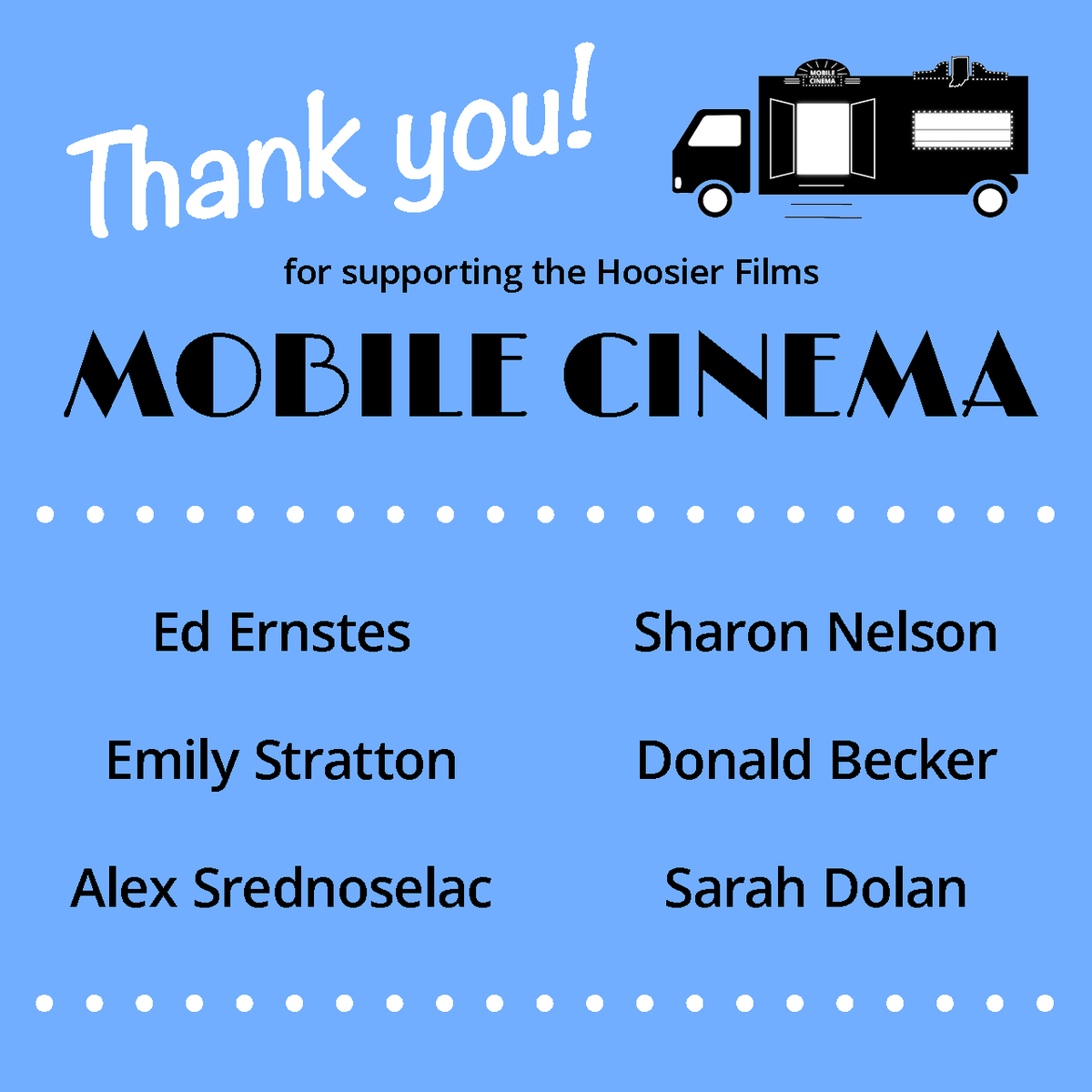Hoosier_Films's tweet photo. THANK YOU to all who contributed to the Mobile Cinema in the past day! Ed, Emily, Alex, Sharon, Donald, Sarah - we're so grateful for your support! Thanks to you, the Mobile Cinema is a big step closer to becoming a reality!
#hoosierfilms #mobilecinema #supportlocal #indiefilm https://t.co/bpbdO5tJE0