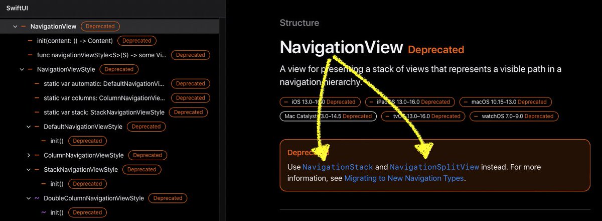 Jeehut's tweet image. #NavigationView was split to 2 different views depending on how many columns needed: For a single-column navigation, use #NavigationStack (iOS, tvOS). For a multi-column navigation, use #NavigationSplitView (iPadOS, macOS).
See migration guide:
developer.apple.com/documentation/…
#WWDC22