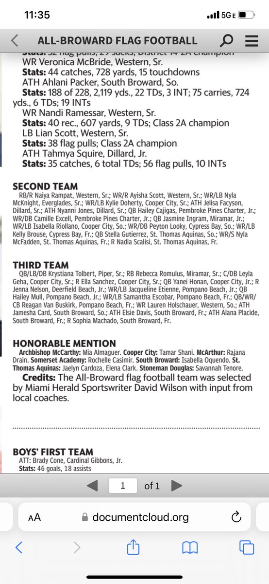 Also, Fr. OLB/WR Samantha Escobar 65 Flag Pulls 3Ints 240 Rec Yards 3Tds  &amp; Jr. OLB Jacki Etienne 41 Flag Pulls 3 Ints 3Tds for also making 3rd Team All County in the Miami Herald.