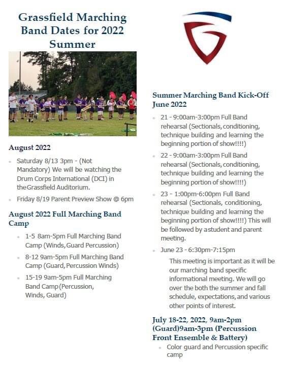 Good evening band parents and children!  WOW what a busy weekend. NOW, it's time to get ready for the 2022-2023 band year!!  Please see the schedule for summer band camps below!  See you there Grizzlies!!!