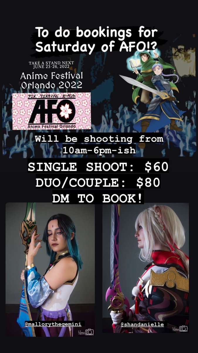 VictorieuxPhoto's tweet photo. SATURDAY OF ANIME FESTIVAL ORLANDO BOOKINGS ARE LIVE!!!
DM for to book your spot!!
#animefestivalorlando #animefestivalorlando2022 #afo #afo2022 #bookyourshoot https://t.co/x3mTZN0wgU