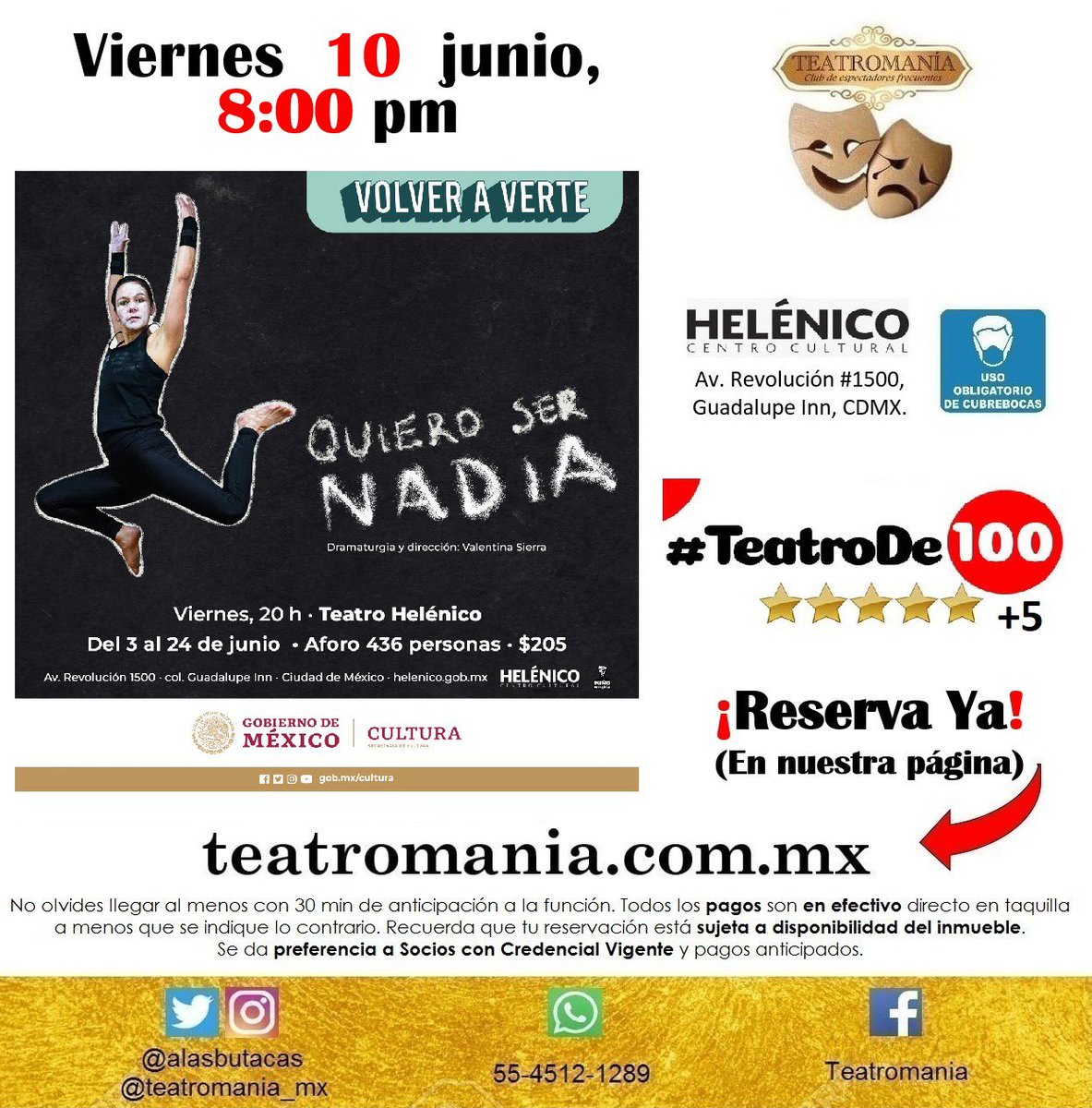 🎭 ¡Atención! 

Este viernes se va al teatro a disfrutar #QuieroSerNadia 

Este viernes 10 de junio te esperamos en el <a href="/Helenico/">Centro Cultural Helénico</a> con la promo #TeatroDe100.

Reserva ya tus entradas en teatromania.com.mx 

#Teatro #CDMX #Espectaculos