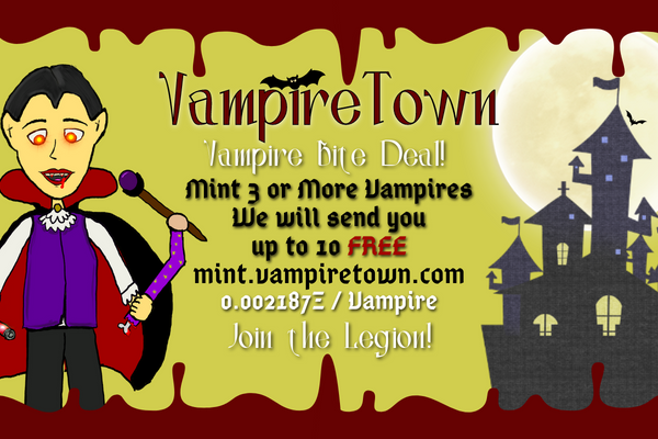 VampireTownSOL's tweet photo. Mint 3 or more #VampireTownWTF for the next 24 hours and we will send you up to 10 #FreeMint 

*Example: Buy 10 #Vampires get 10 FREE

1. Mint 3 or more Vampires https://t.co/nLqea1ot6l
2. Must be following @vampiretown_wtf &amp; post your mint tagging us to show the vampire ❤️🧛 https://t.co/USXyyCFUCZ
