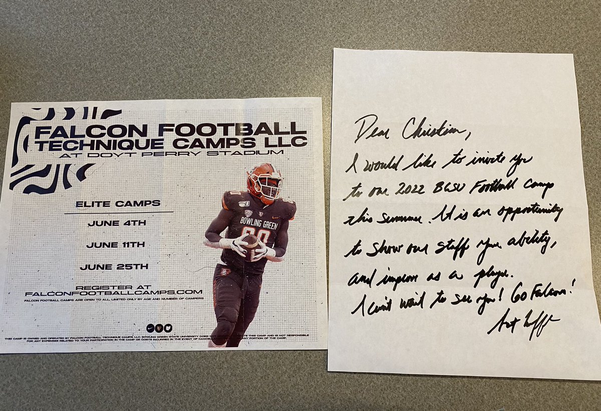 Thank you <a href="/CoachLoefflerBG/">Scot Loeffler</a> for the personal invite to BGSU football's summer camps. Looking forward to working with you and the staff! @BGCoachMo <a href="/BG_Football/">BGSU Football</a>