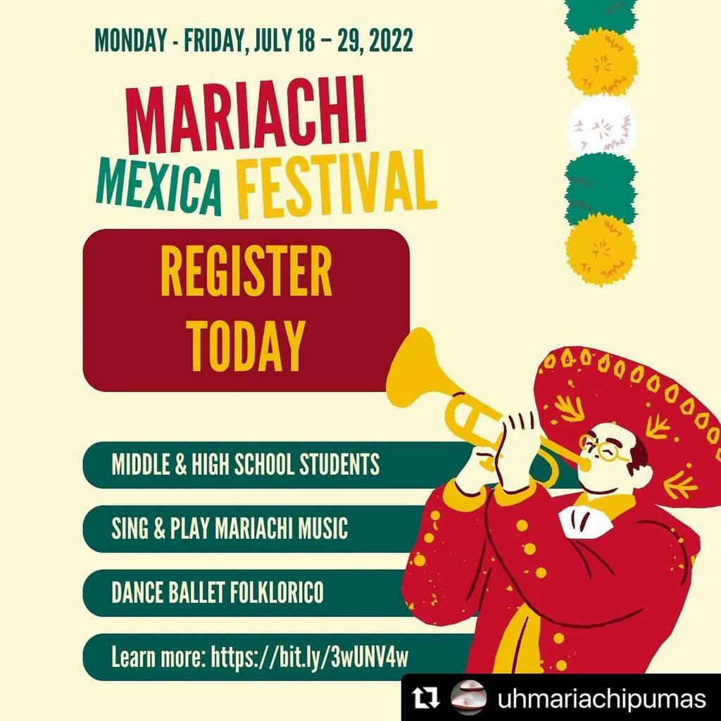 #Repost @uhmariachipumas 
・・・
🐾 Registration is open for the 2022 MEXICA Mariachi Festival! REGISTER TODAY!

The program is open to students in middle school, high school, and recently enrolled college students.

Visit our linktree for more informati… instagr.am/p/CefCgUJI0BG/