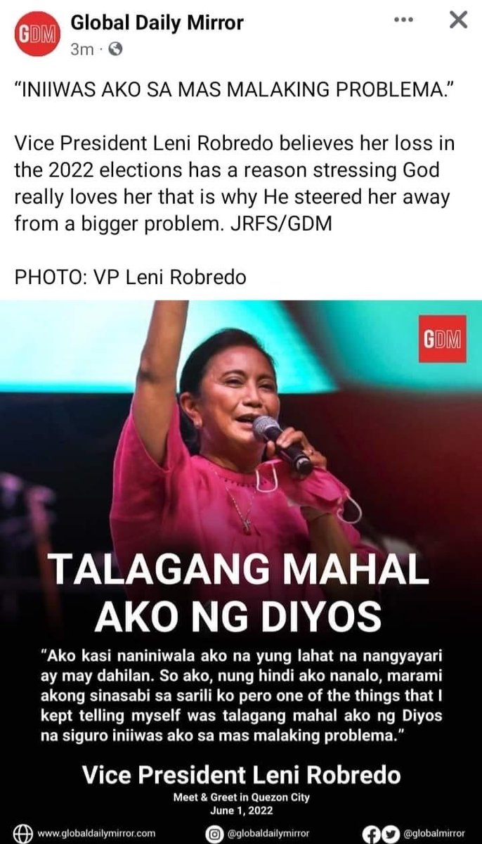 pinoyanghang's tweet image. She said prior to May 9 elections, "Oras na tumakbo si Marcos, lalaban ako." No mention of "God."

After she was RESOUNDINGLY REPUDIATED by the electorate, "God" is suddenly in the equation, attributing her defeat to divine (cough, cough!) intervention.

Ibang klase talaga.