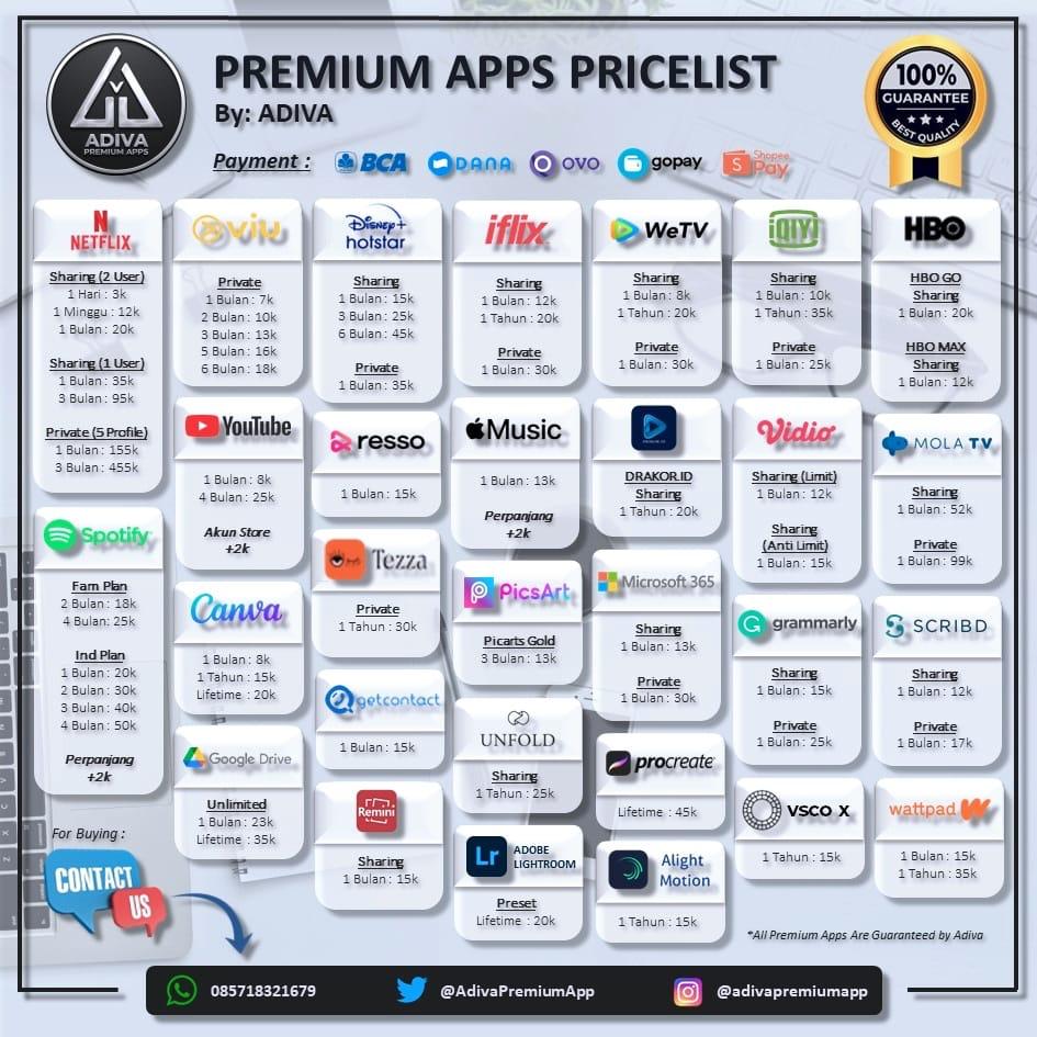 Halo kak! lagi cari aplikasi premium yang murah? bisa banget order di <a href="/AdivaPremiumApp/">ADIVA Premium Apps | Mention after DM</a> 💘

🧚 App nya lengkap bgt dan murah 
🧚 Payment - BCA, Dana, Ovo, Shopeepay, Gopay. 
🧚 Order? dm ke <a href="/AdivaPremiumApp/">ADIVA Premium Apps | Mention after DM</a> // wa.me/085718321679