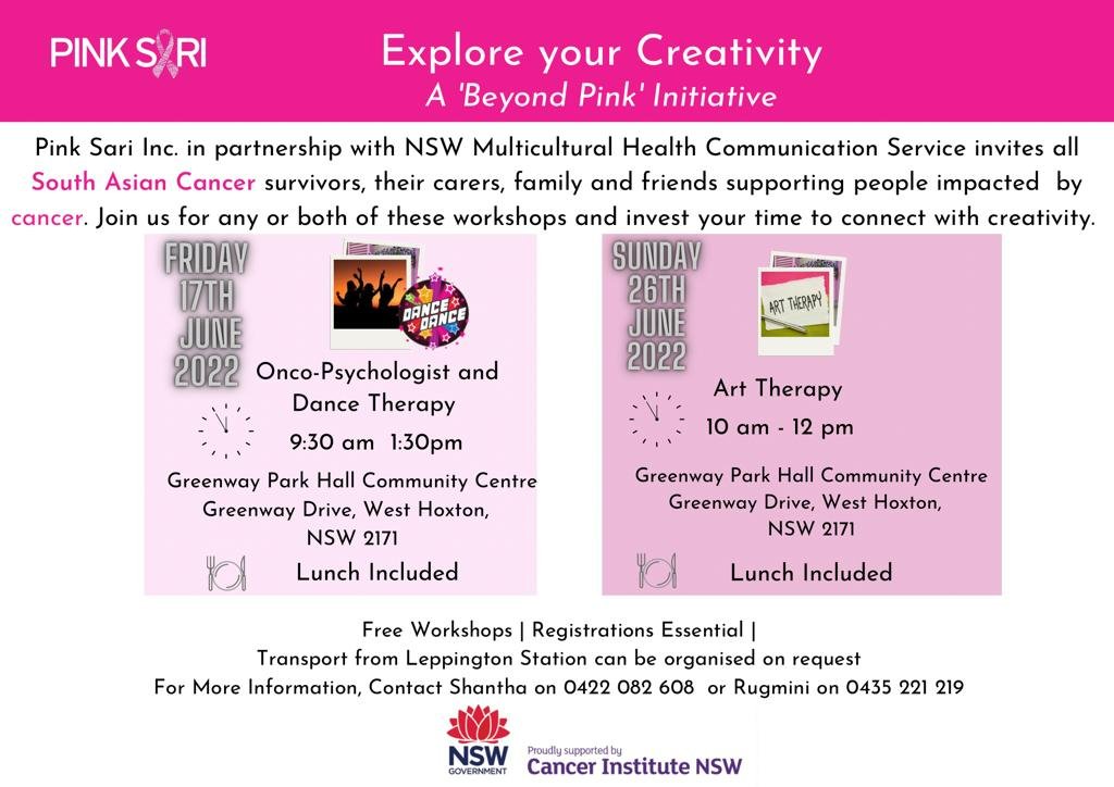mhcsnsw's tweet photo. #PinkSari in partnership with @mhcsnsw @cancernsw invites #SouthAsian carers, cancer survivors and those in remission to join them for free art therapy workshops in South Western Sydney.
Registration is essential for the #BeyondPink workshops on 17 June and 26 June. https://t.co/ZZPt07ONBE