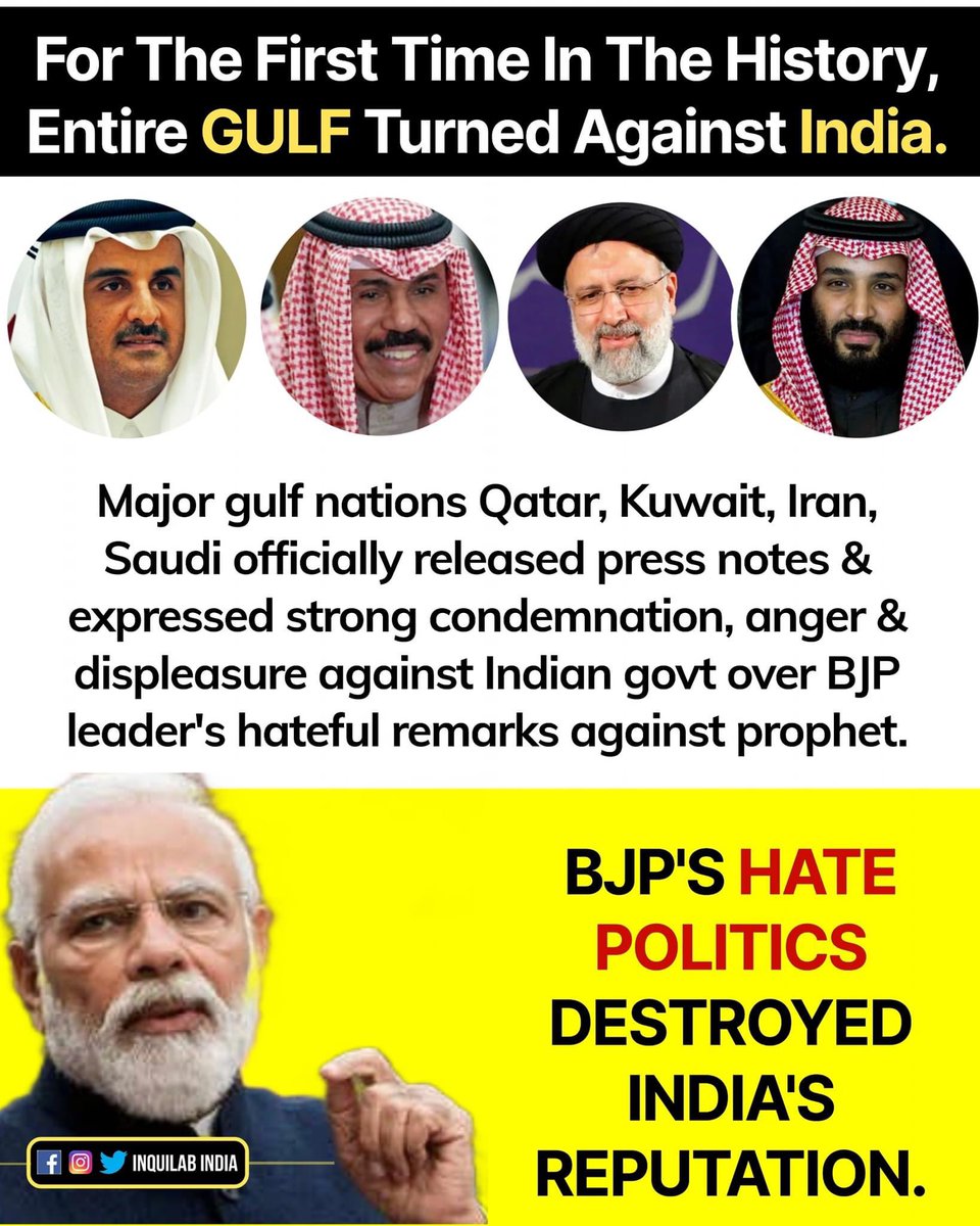 Aman_Kaur45's tweet photo. Qatar, Saudi Arabia,UAE, Iran, Jordan and other arab counties have  good relations with India till now butas #BJP_PromotesHate they are boycotting Indian products. https://t.co/Nndo3EPnvW