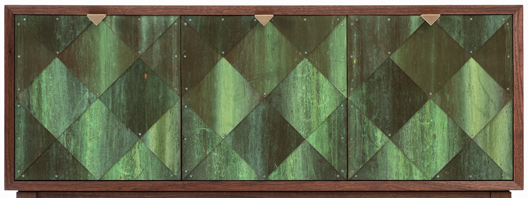SolarFurniture's tweet photo. Detail: walnut cabinet with doors clad in scales of reclaimed copper from the roof of Canada's Parliament buildings. The patina, dents, and scratches are all as-found -- nothing added except a clear coat. https://t.co/ICknYz9k8B