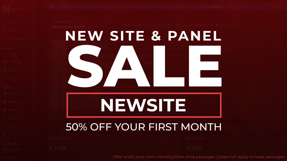 SlashyHosting's tweet image. 👀 A whole new look 👀
✏️ We&apos;ve finally come to release our brand new and improved games panel, along with a whole redesign of our site!
🎫 To mark this we are hosing a 1 WEEK 50% OFF SALE!
⌛ Take advantage of the huge sale while you still can!
🔗 novonode.com/discord